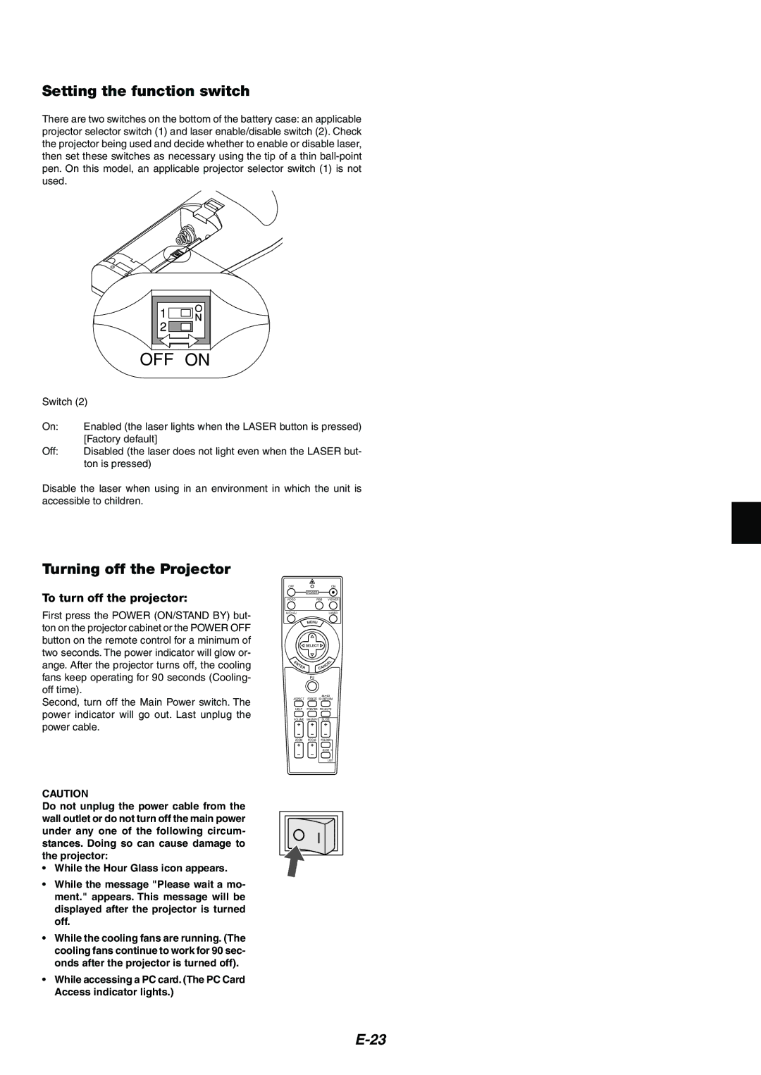 Dukane 8946 user manual Setting the function switch, Turning off the Projector, To turn off the projector 