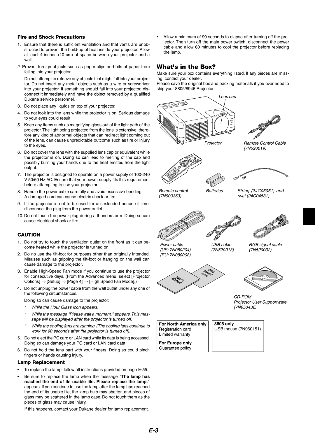 Dukane 8946 user manual Whats in the Box?, Fire and Shock Precautions, Lamp Replacement 