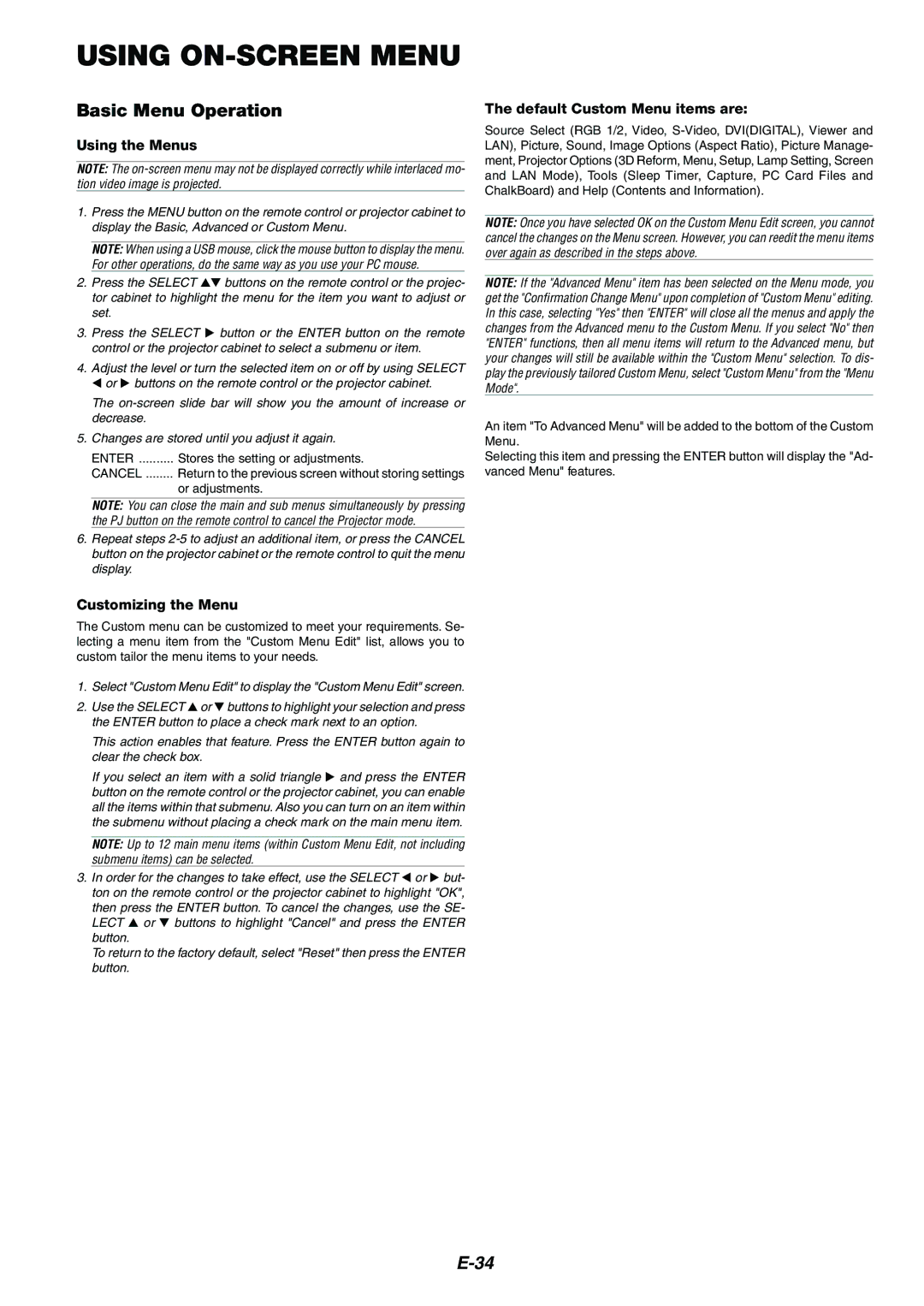 Dukane 8946 user manual Using ON-SCREEN Menu, Basic Menu Operation, Using the Menus, Customizing the Menu 