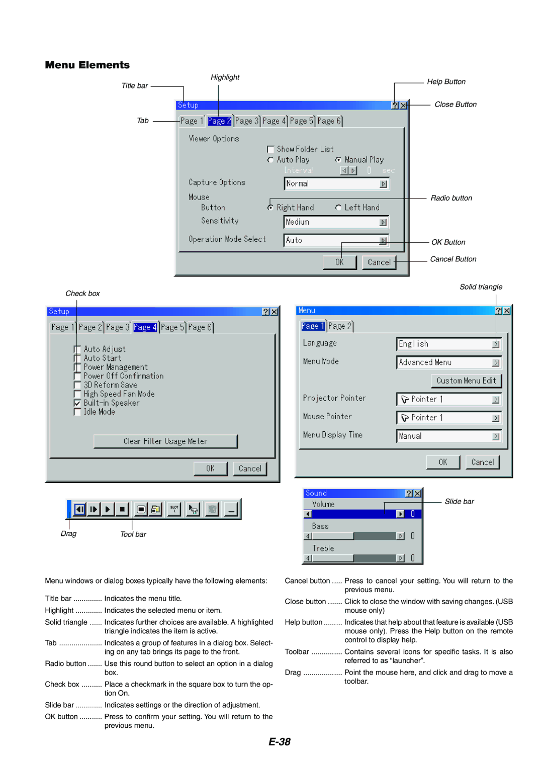 Dukane 8946 user manual Menu Elements, Highlight Title bar Tab Check box Drag Tool bar 