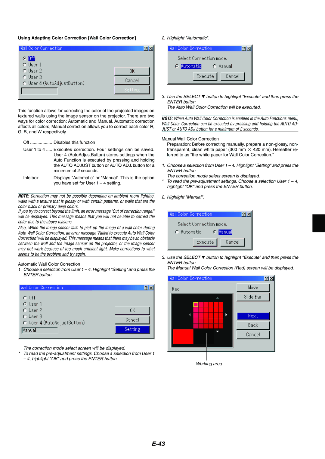 Dukane 8946 user manual Using Adapting Color Correction Wall Color Correction 