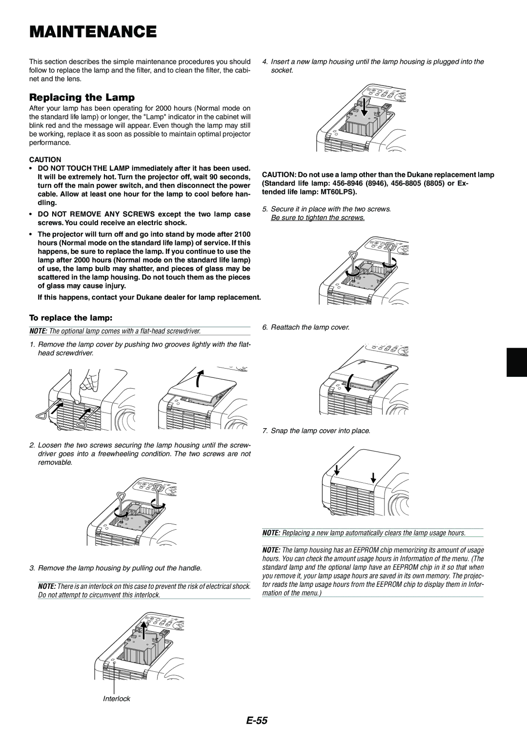 Dukane 8946 user manual Maintenance, Replacing the Lamp, To replace the lamp 