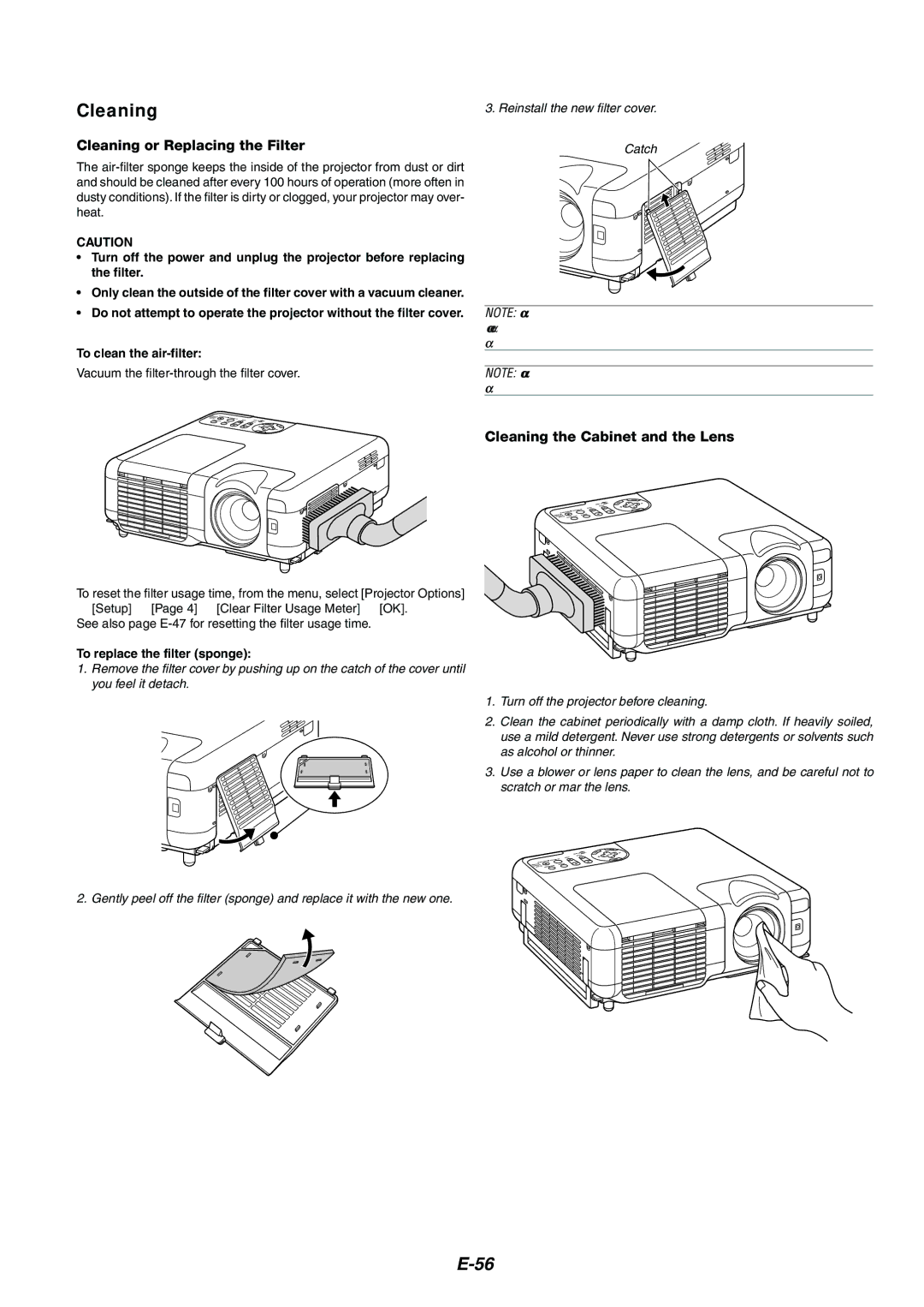 Dukane 8946 Cleaning or Replacing the Filter, Cleaning the Cabinet and the Lens, Reinstall the new filter cover Catch 