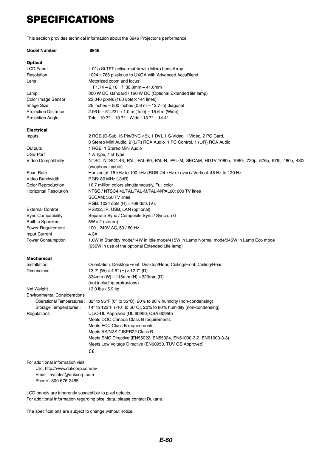 Dukane user manual Specifications, Model Number 8946 Optical 