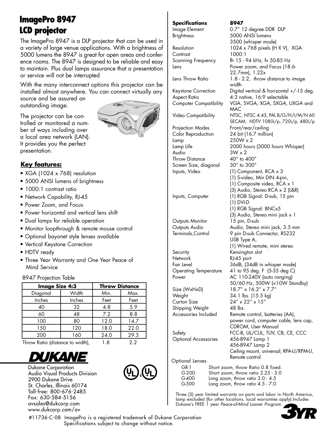 Dukane 8947 manual 3YR, ImagePro, LCD projector, Key features 