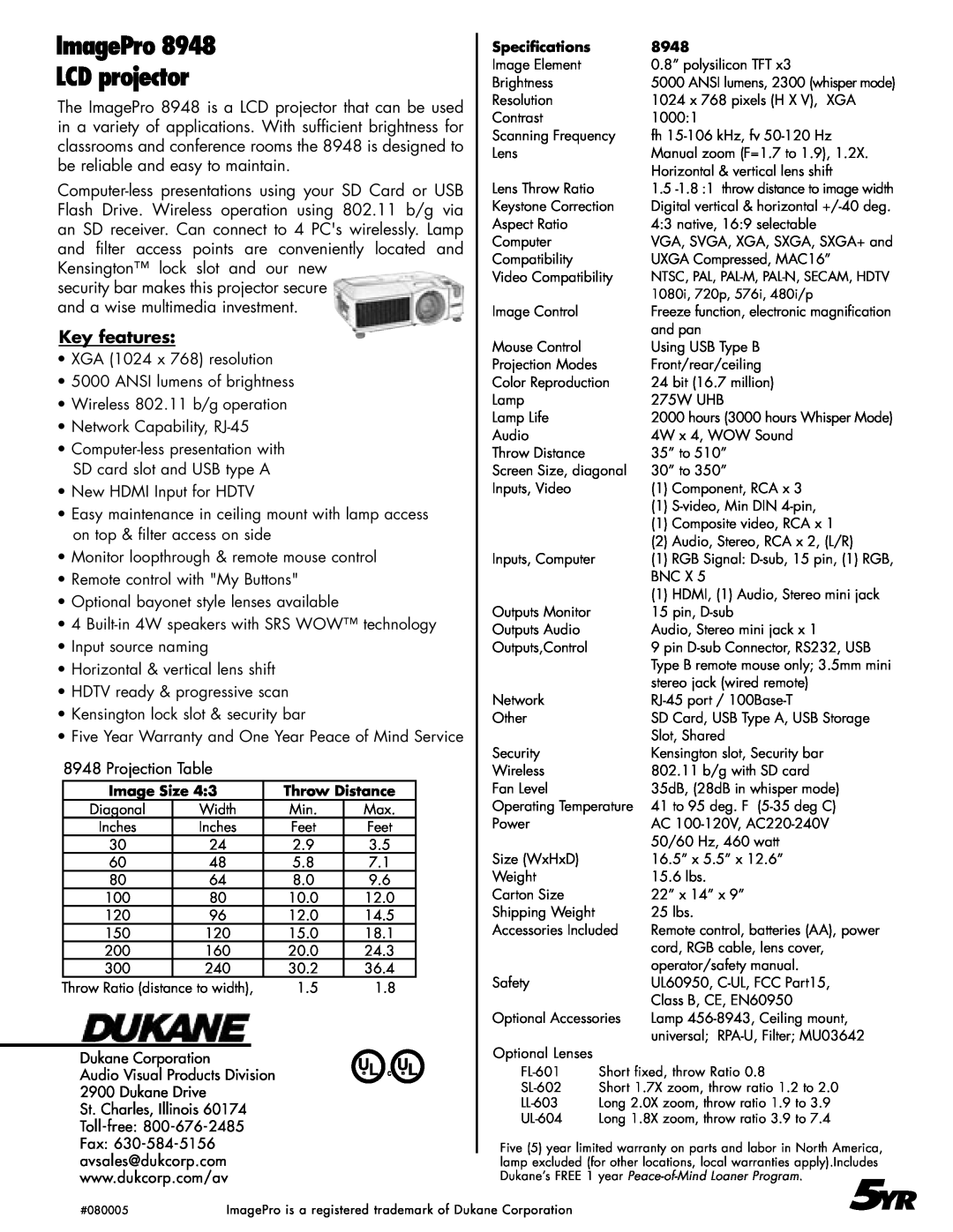 Dukane 8948 manual ImagePro, LCD projector, Key features 