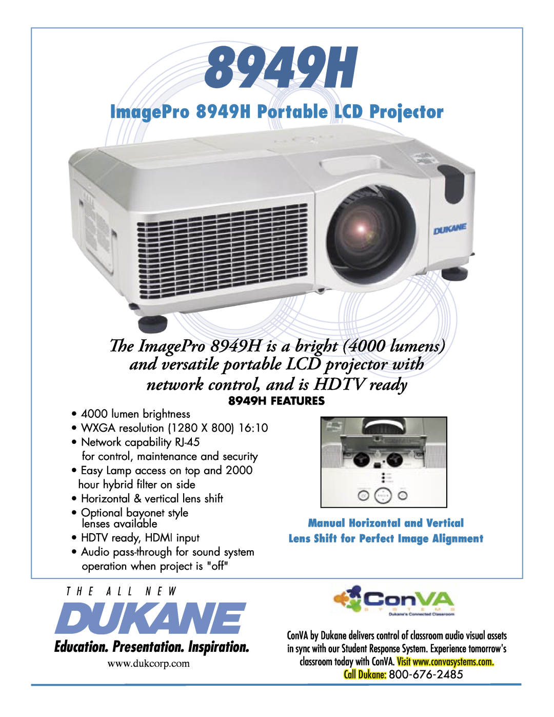 Dukane manual 8949H FEATURES, ImagePro 8949H Portable LCD Projector, The ImagePro 8949H is a bright 4000 lumens 