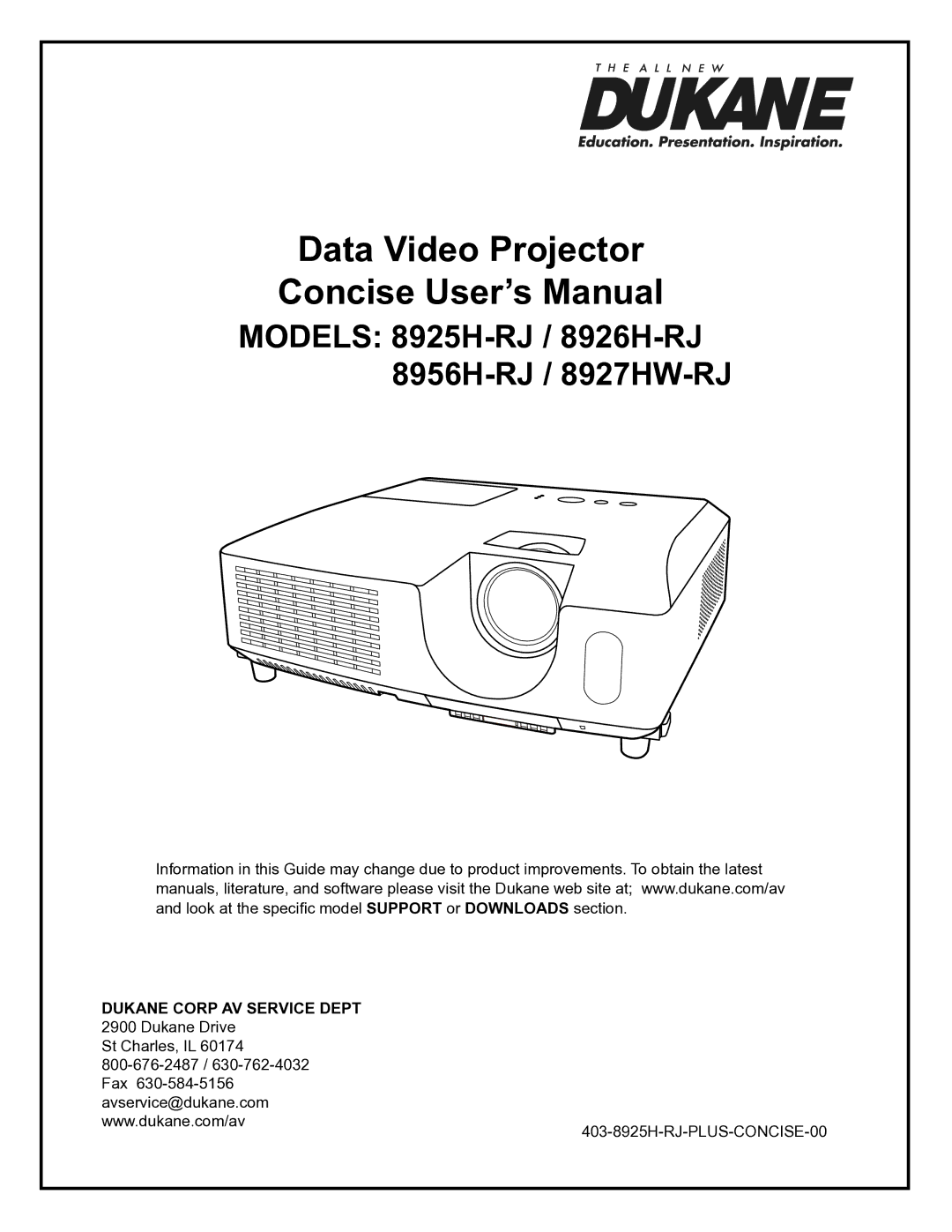 Dukane 8925H-RJ, 8956H-RJ, 8927HW-RJ, 8926H-RJ user manual Data Video Projector Concise User’s Manual 