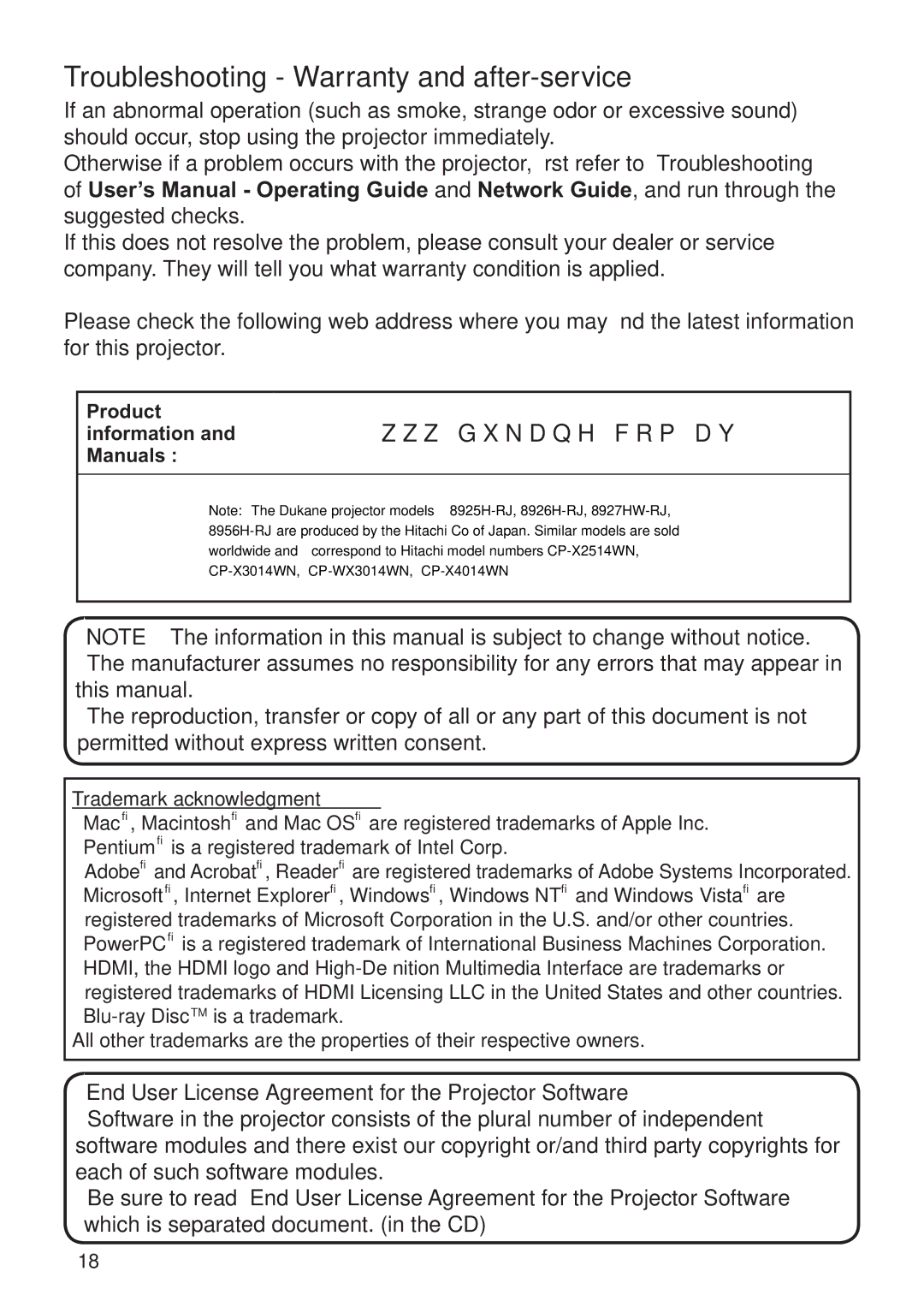 Dukane 8956H-RJ Troubleshooting Warranty and after-service, End User License Agreement for the Projector Software 