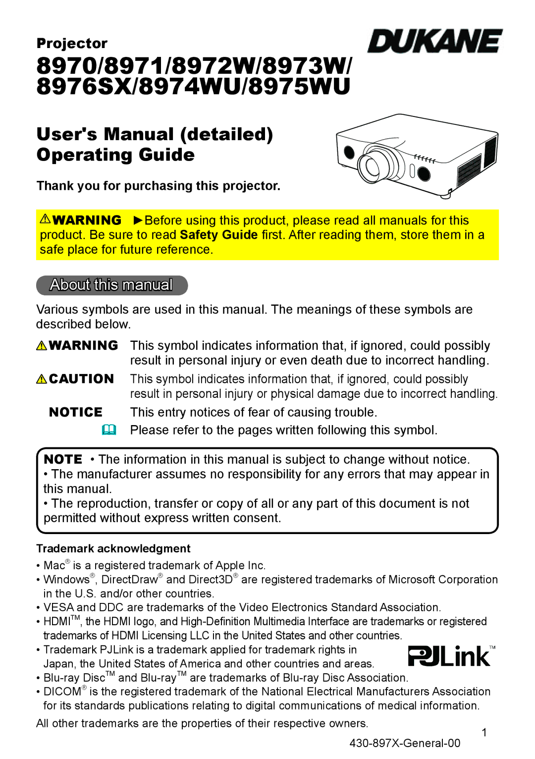 Dukane 8971 user manual About this manual, Projector, Thank you for purchasing this projector, Trademark acknowledgment 