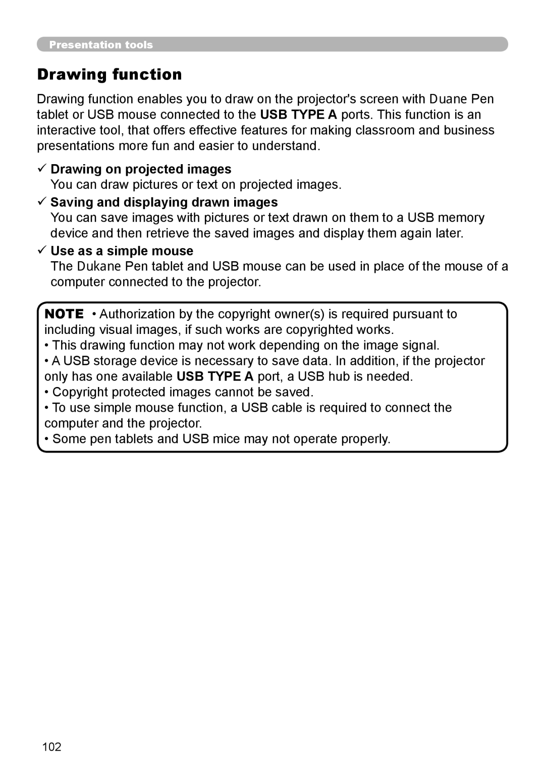 Dukane 976SX Drawing function, Drawing on projected images, Saving and displaying drawn images, Use as a simple mouse 