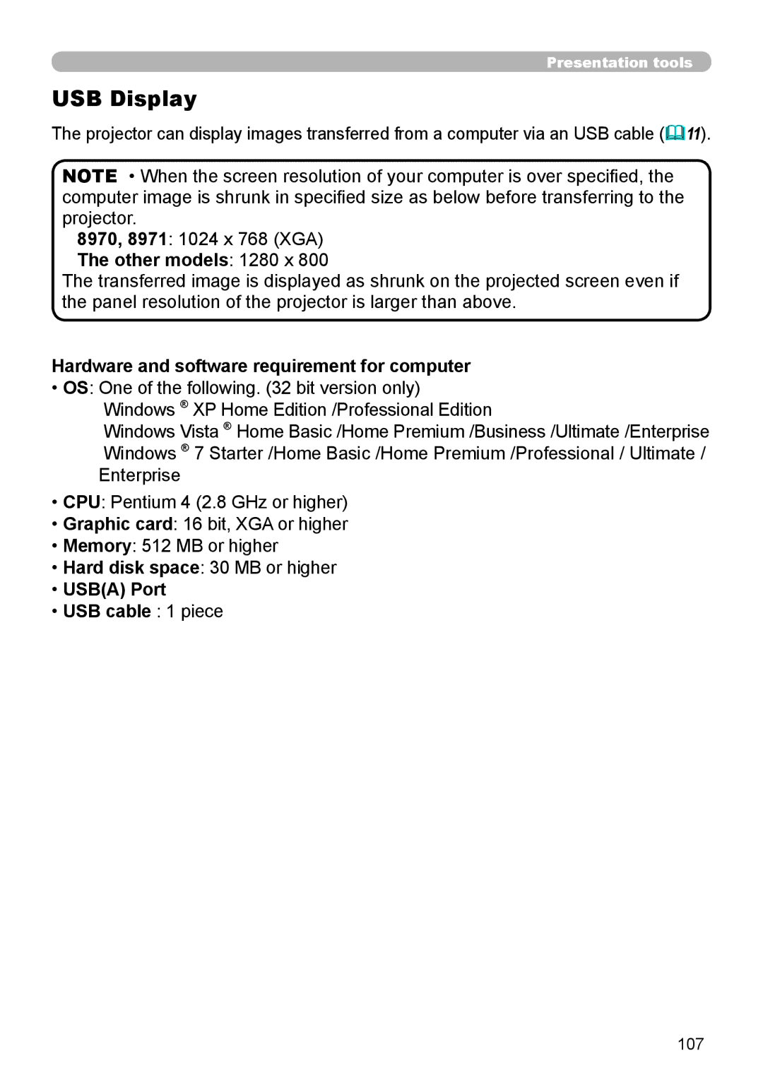 Dukane 8974WU, 8970, 8971, 8973W, 976SX USB Display, Other models 1280 x, Hardware and software requirement for computer 