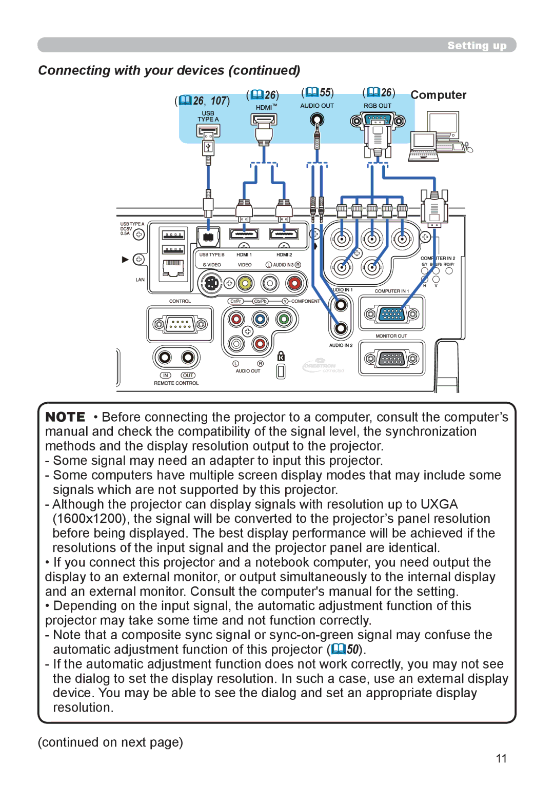 Dukane 976SX, 8970, 8971, 8974WU, 8973W, 8975WU, 8972W user manual Connecting with your devices, 26, 107 &26 &55 &26 Computer 