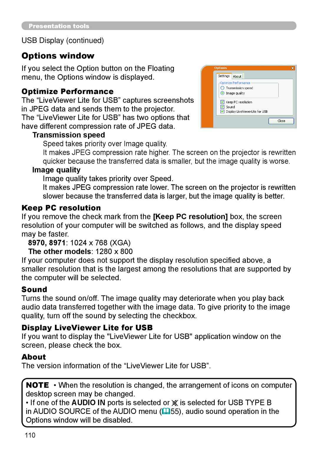 Dukane 8975WU, 8970, 8971, 8974WU, 8973W, 976SX, 8972W user manual Options window 