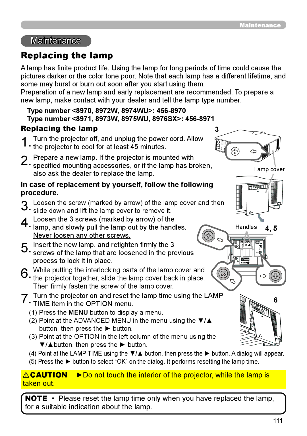 Dukane 8972W, 8970, 8971, 8974WU, 8973W, 976SX, 8975WU user manual Maintenance, Replacing the lamp 