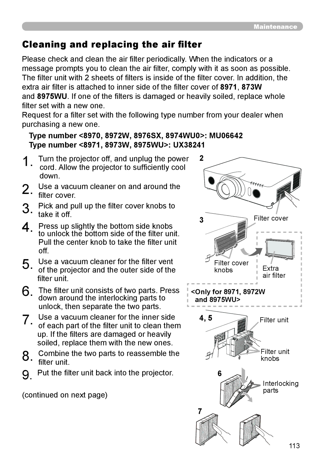 Dukane 8970, 8974WU, 8973W, 976SX user manual Cleaning and replacing the air filter, Only for 8971, 8972W and 8975WU 