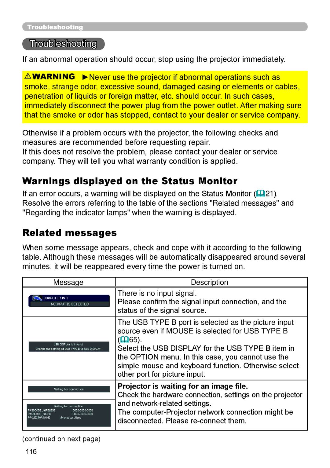 Dukane 976SX, 8970, 8971, 8974WU, 8973W, 8972W Troubleshooting, Related messages, Message Description There is no input signal 