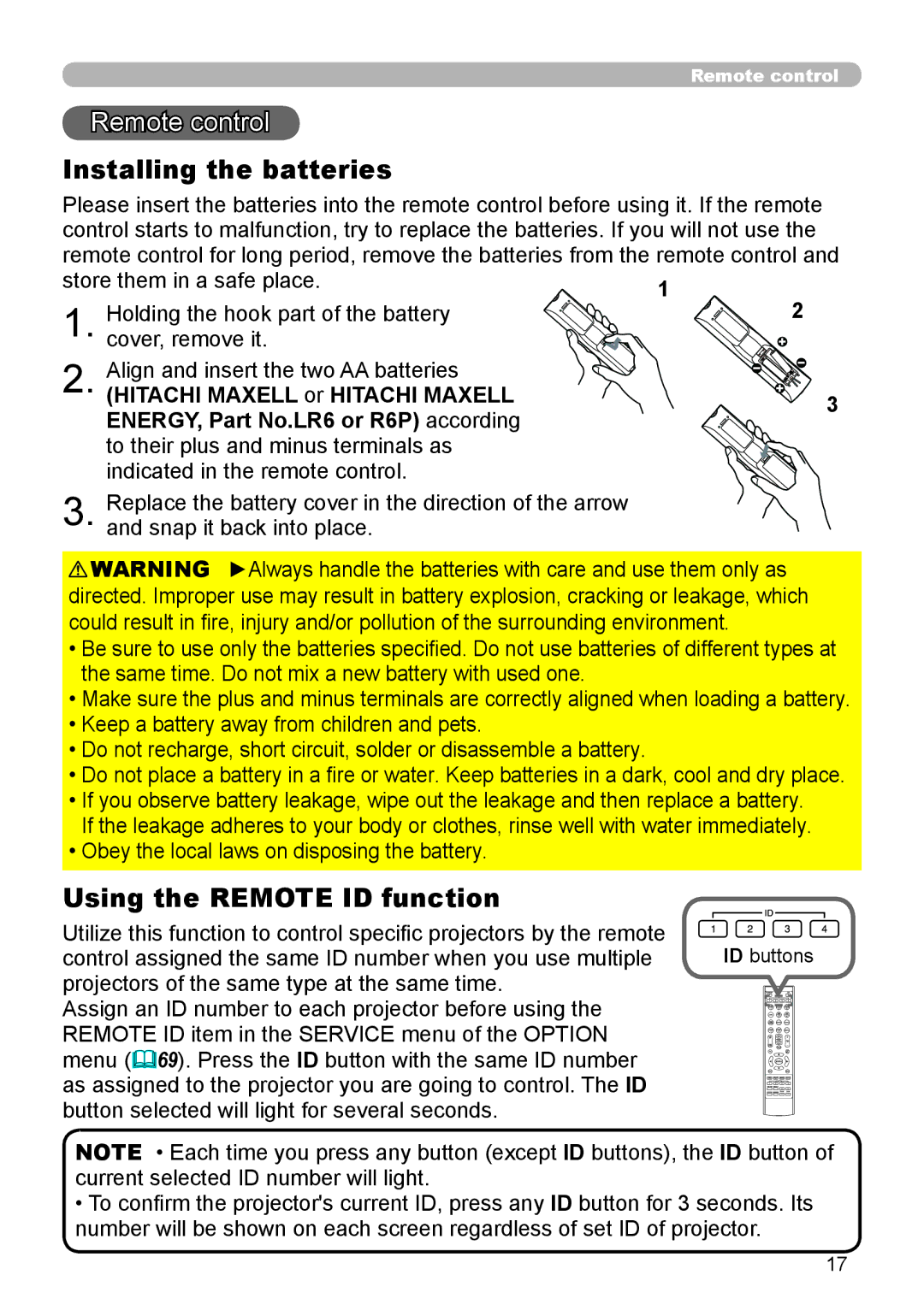 Dukane 8973W, 8970, 8971, 8974WU, 976SX, 8975WU, 8972W Remote control, Installing the batteries, Using the Remote ID function 