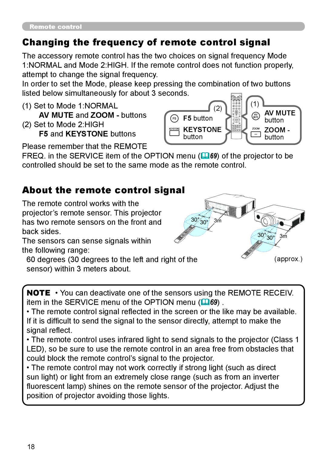 Dukane 976SX Changing the frequency of remote control signal, About the remote control signal, AV Mute and Zoom buttons 