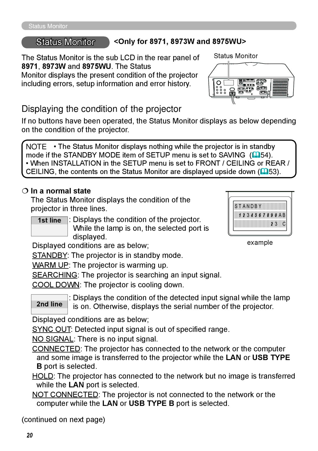 Dukane 8972W, 8970 Status Monitor, Displaying the condition of the projector, Only for 8971, 8973W and 8975WU, 2nd line 