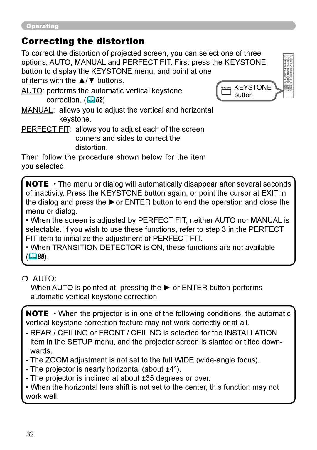 Dukane 976SX, 8970, 8971, 8974WU, 8973W, 8975WU, 8972W user manual Correcting the distortion, Keystone 