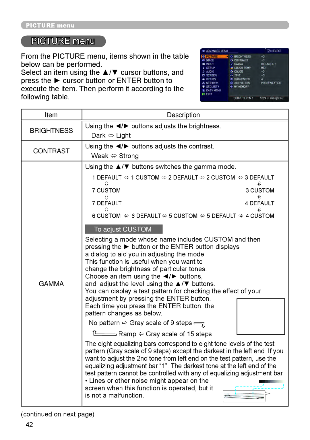 Dukane 8970, 8971, 8974WU, 8973W, 976SX, 8975WU, 8972W user manual Picture menu, Brightness, Contrast, Gamma 