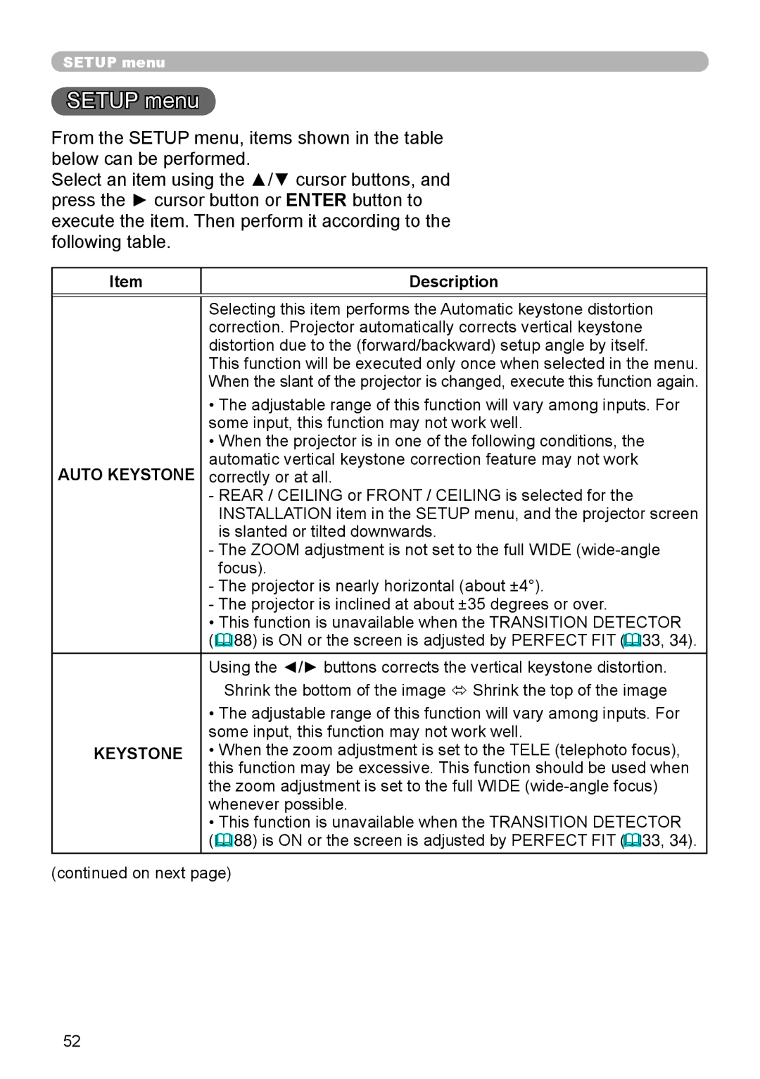 Dukane 8973W, 8970, 8971, 8974WU, 976SX, 8975WU, 8972W user manual Setup menu, Auto Keystone 