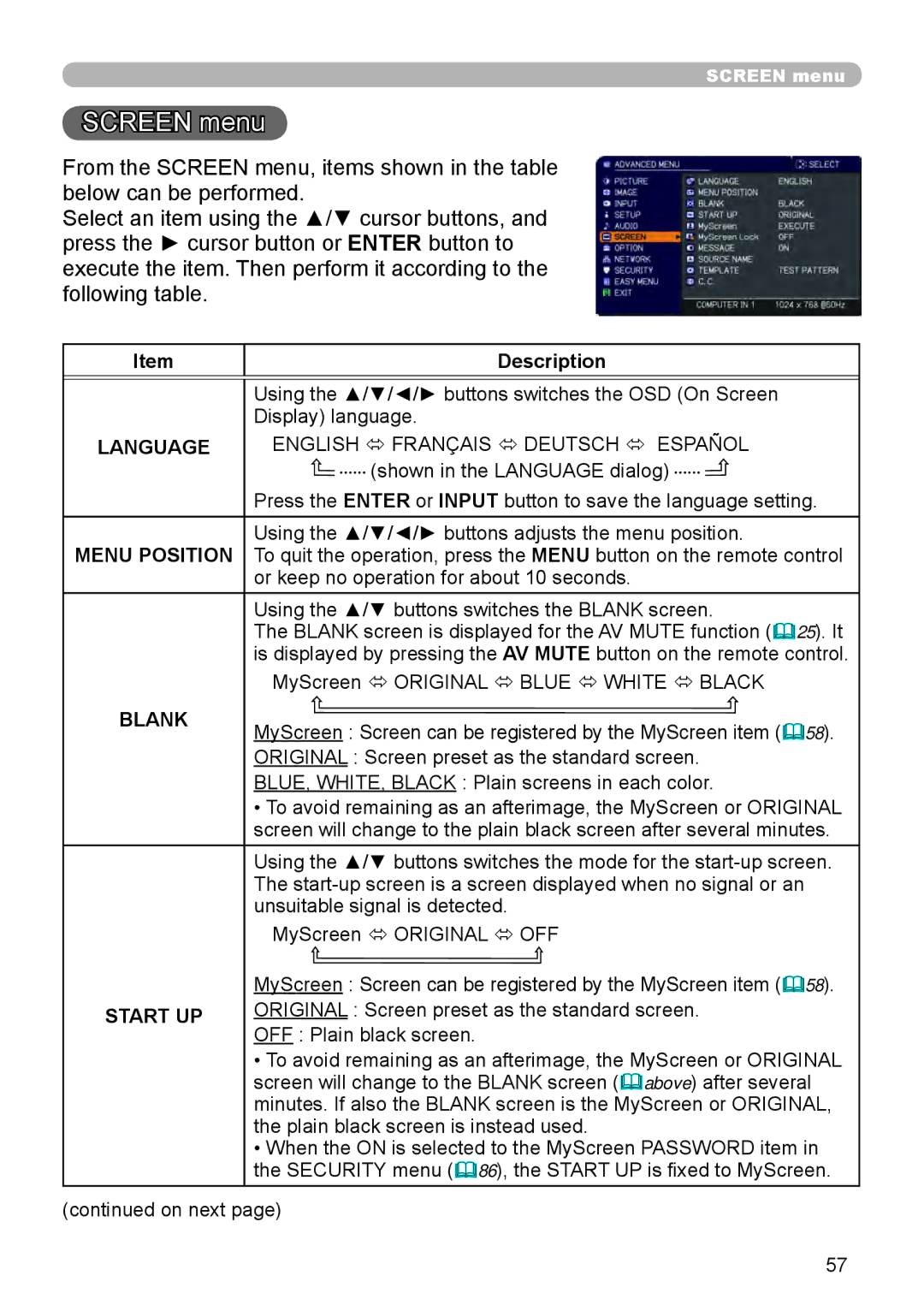 Dukane 8971, 8970, 8974WU, 8973W, 976SX, 8975WU, 8972W user manual Screen menu, Menu Position, Blank, Start UP 