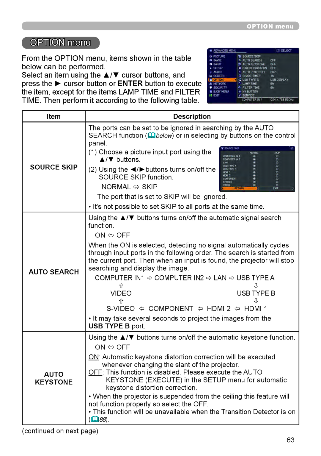 Dukane 8970, 8971, 8974WU, 8973W, 976SX, 8975WU, 8972W user manual Option menu, Auto Search 