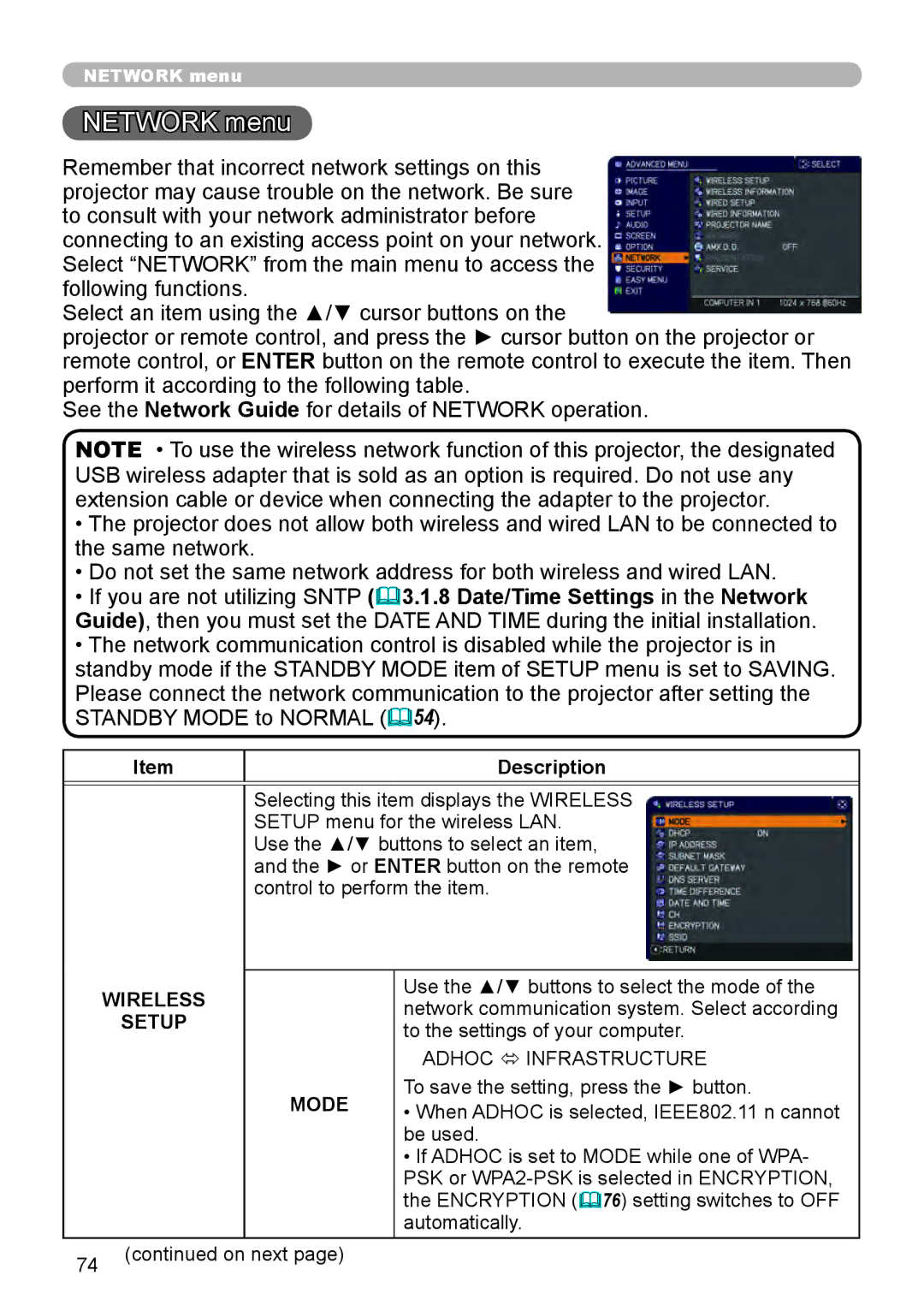 Dukane 976SX, 8970, 8971, 8974WU, 8973W, 8975WU, 8972W user manual Network menu, Wireless, Setup 