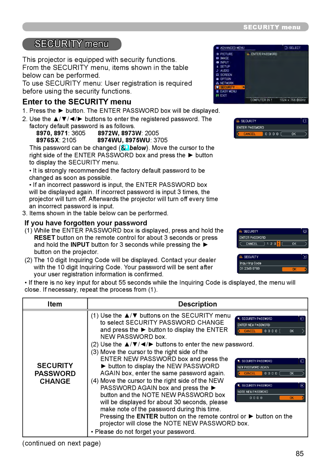 Dukane 8971, 8970, 8974WU, 8973W, 976SX, 8975WU, 8972W user manual Enter to the Security menu, Password, Change 