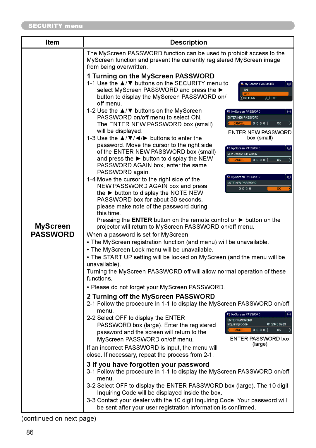 Dukane 8974WU, 8970, 8971, 8973W, 976SX, 8975WU, 8972W Turning on the MyScreen Password, Turning off the MyScreen Password 