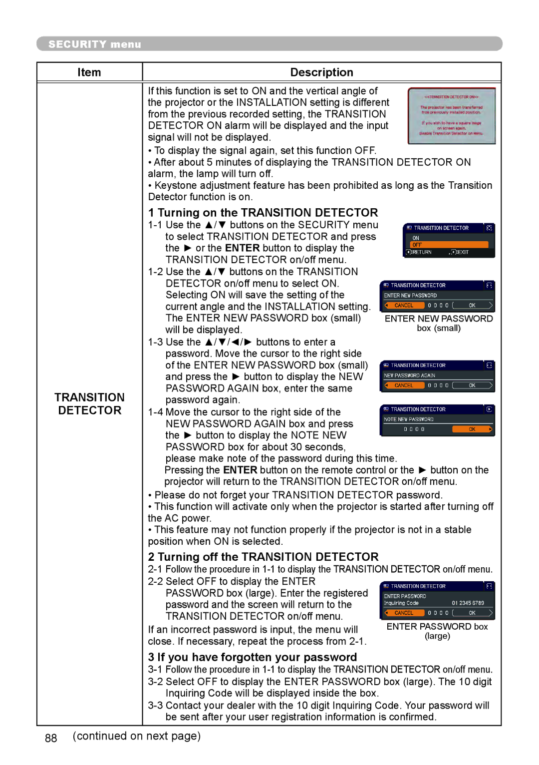 Dukane 976SX, 8970, 8971, 8974WU, 8973W, 8975WU Turning on the Transition Detector, Turning off the Transition Detector 