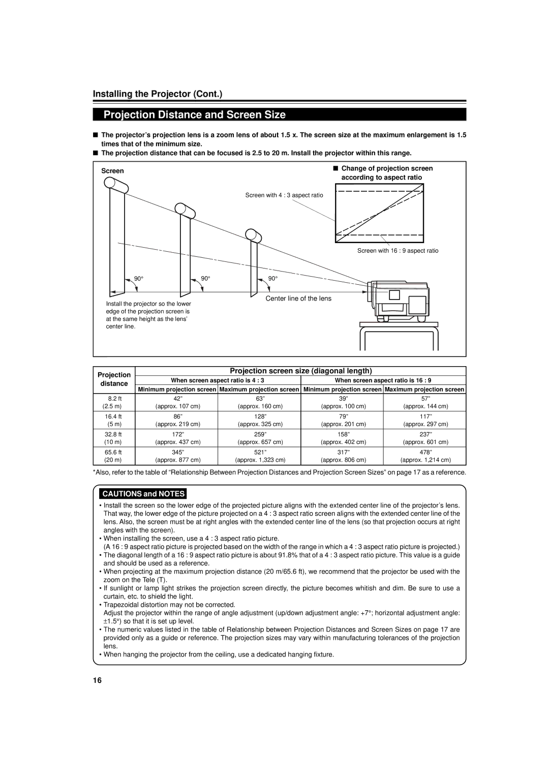 Dukane 9015 manual Projection Distance and Screen Size, Projection screen size diagonal length, Center line of the lens 