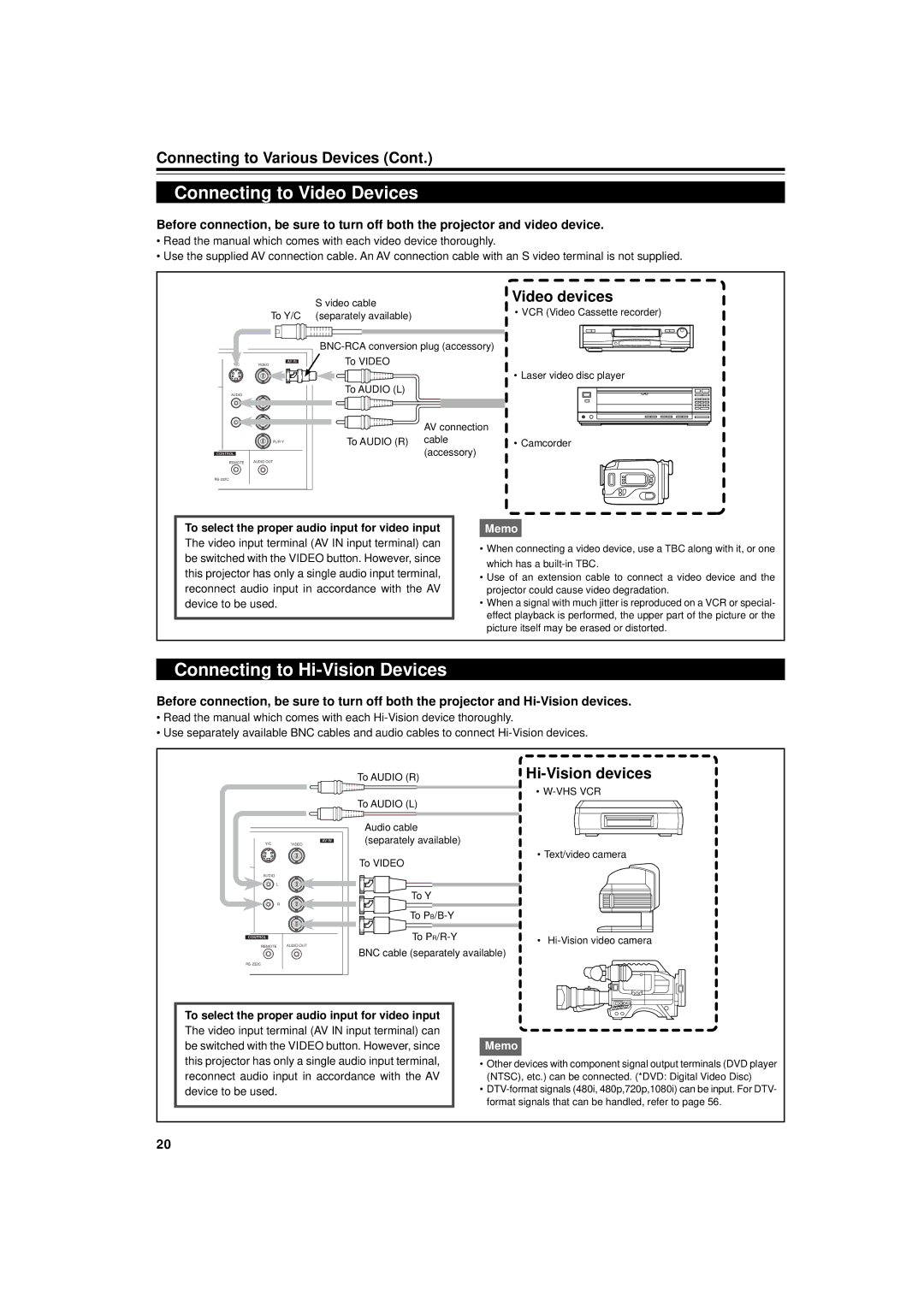 Dukane 9015 manual Connecting to Video Devices, Connecting to Hi-Vision Devices, Video devices, Hi-Vision devices 