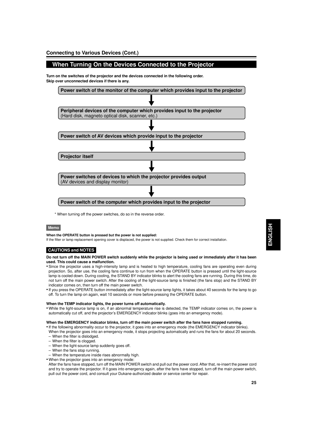 Dukane 9015 manual When Turning On the Devices Connected to the Projector 