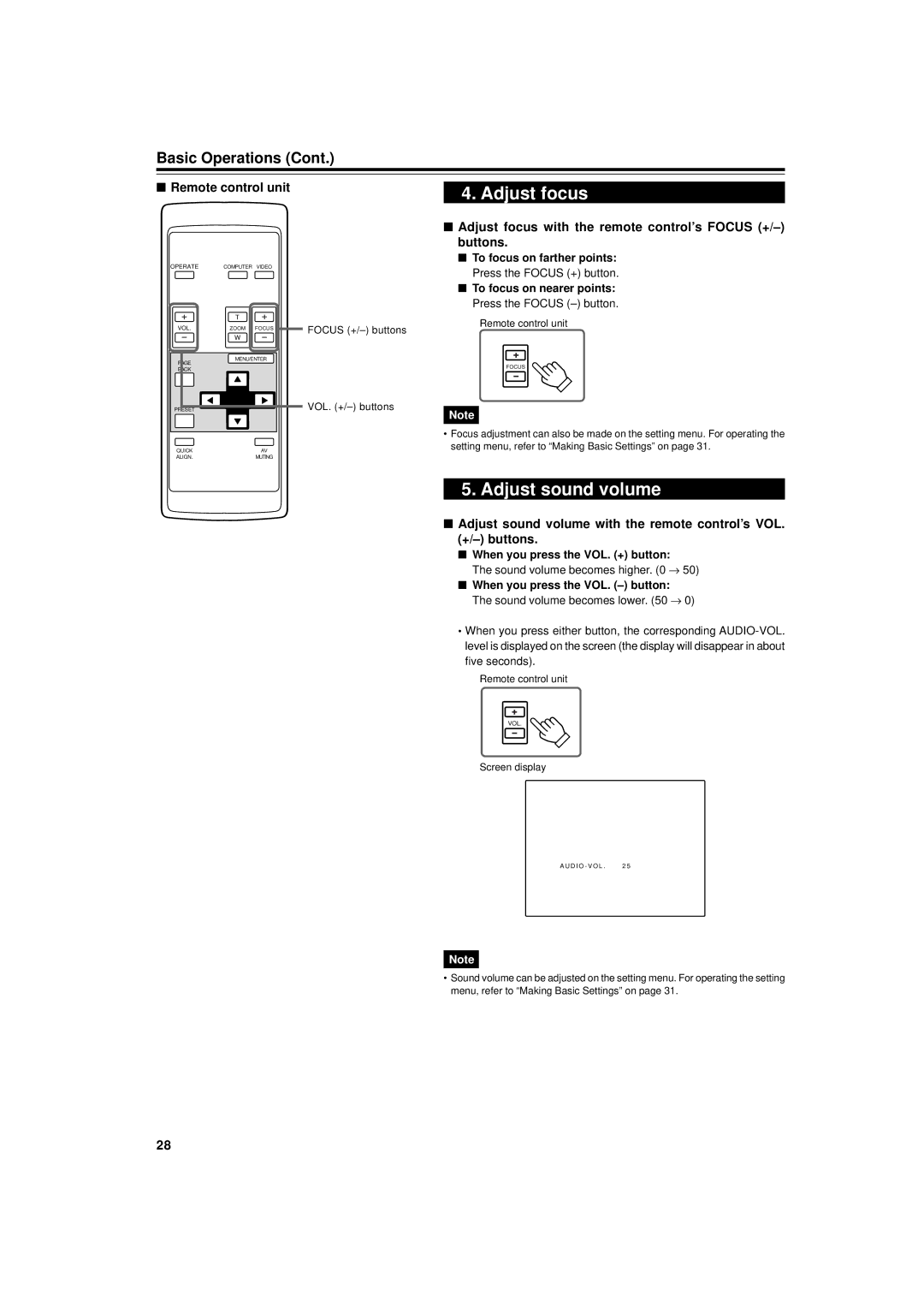 Dukane 9015 manual Adjust sound volume, Adjust focus with the remote control’s Focus +/- buttons 