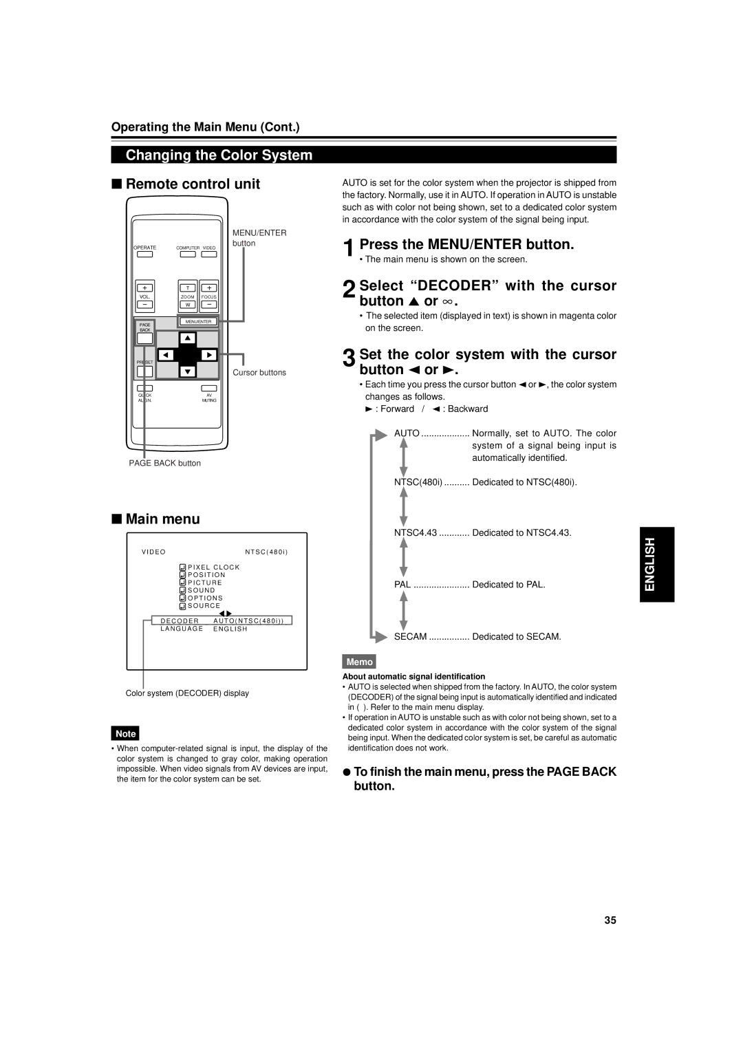 Dukane 9015 manual Changing the Color System, Select Decoder with the cursor button 5 or ∞ 