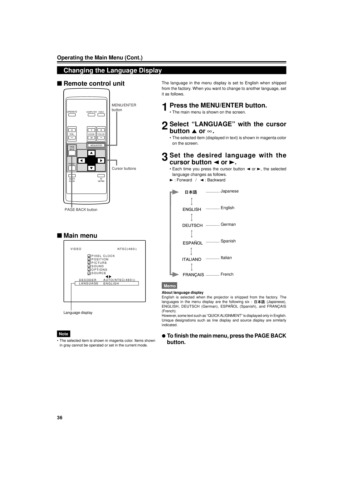 Dukane 9015 manual Changing the Language Display, Set the desired language with the cursor button 2 or, Language display 