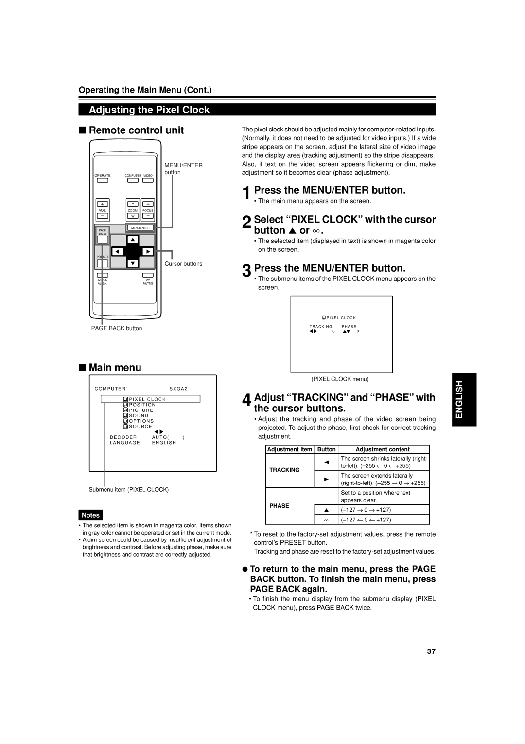 Dukane 9015 manual Adjusting the Pixel Clock, Adjust Tracking and Phase with the cursor buttons, Button Adjustment content 