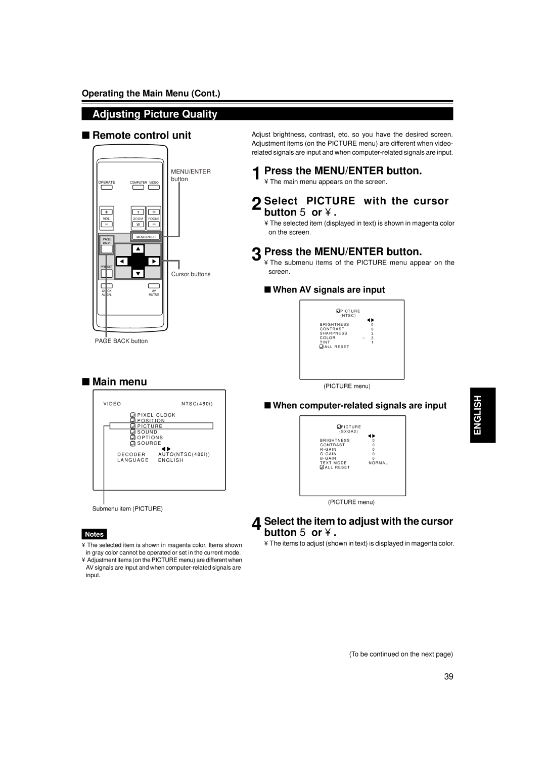 Dukane 9015 Adjusting Picture Quality, Select the item to adjust with the cursor button 5 or ∞, When AV signals are input 