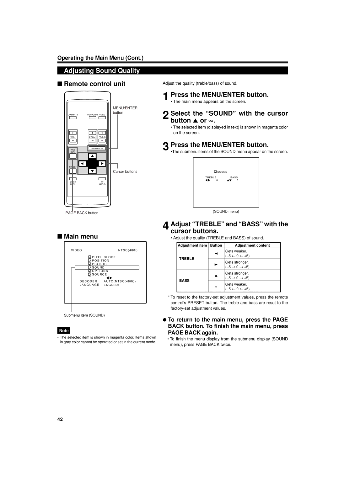 Dukane 9015 manual Adjusting Sound Quality, Select the Sound with the cursor, Button 5 or ∞ 