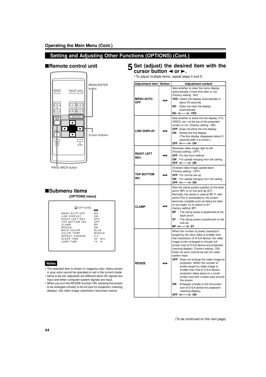 Dukane 9015 manual Set adjust the desired item with the cursor button 2 or, Options menu 