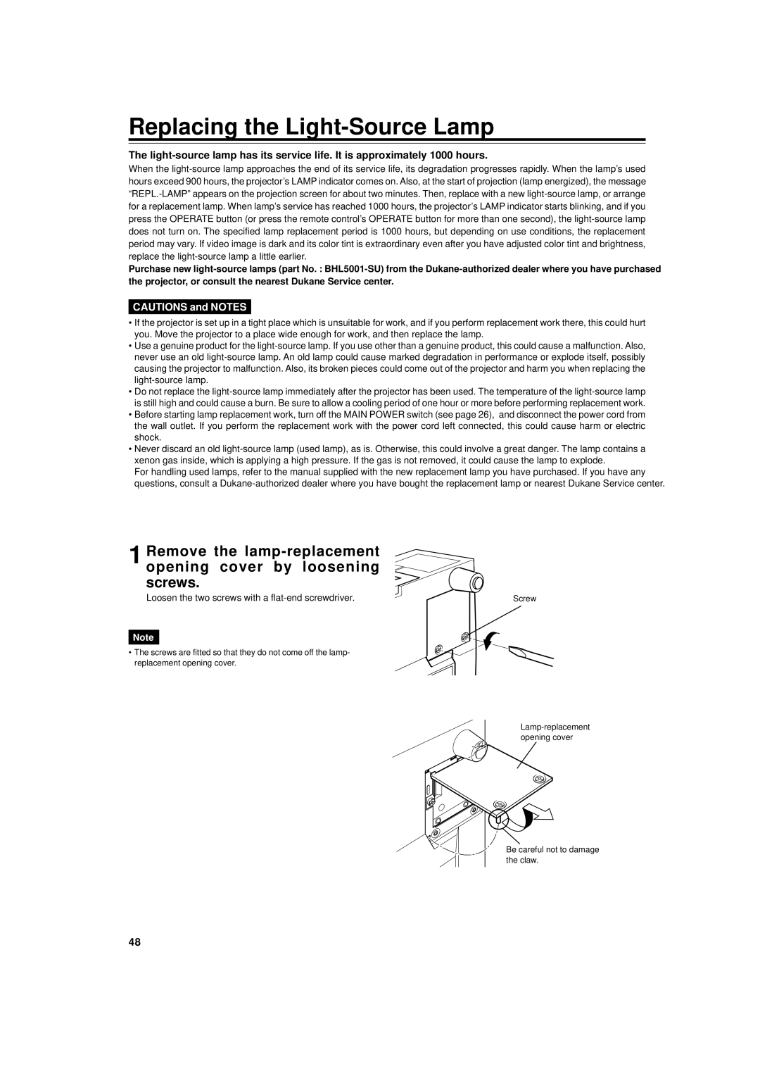 Dukane 9015 manual Replacing the Light-Source Lamp, Loosen the two screws with a flat-end screwdriver 