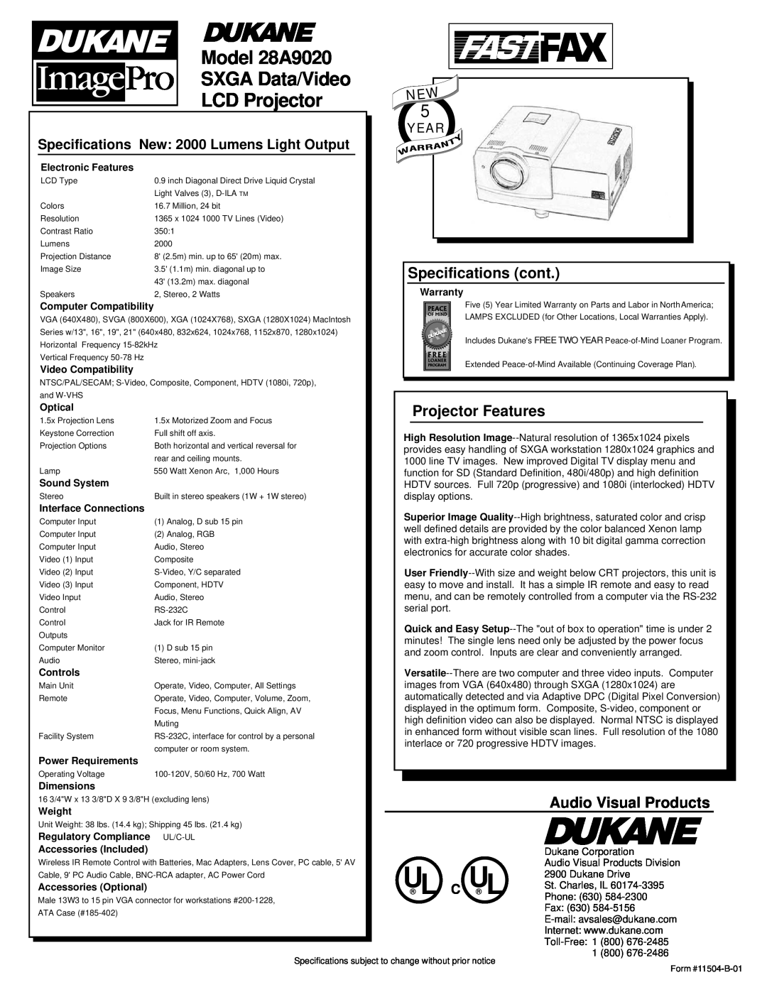 Dukane Model 28A9020, SXGA Data/Video, LCD Projector, Specifications cont, Projector Features, Audio Visual Products 