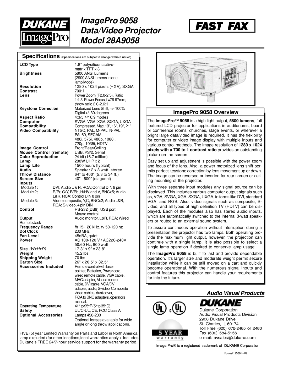 Dukane 9058 LCD Type, Brightness, Resolution, Contrast, Lens, Keystone Correction, Aspect Ratio, Computer, Compatibility 