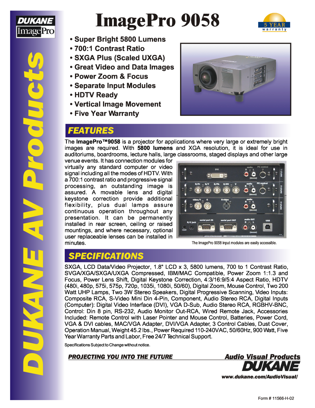 Dukane 9058 specifications DUKANE AV Products, ImagePro, Features, Specifications, Audio Visual Products 