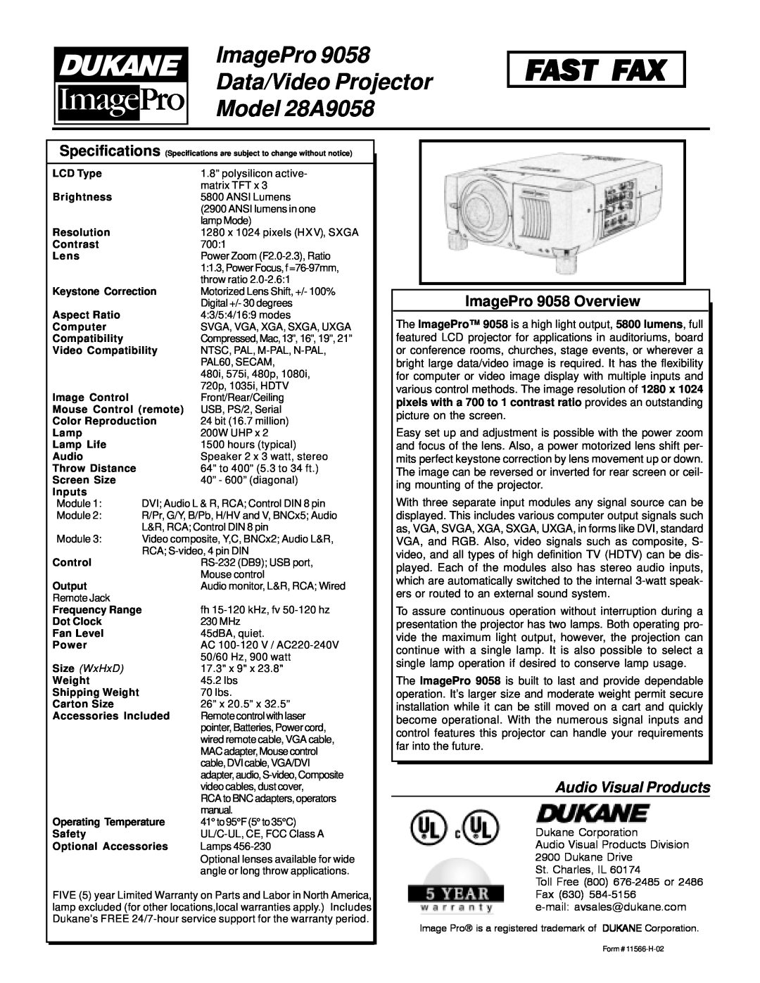 Dukane Fast Fax, ImagePro Data/Video Projector Model 28A9058, ImagePro 9058 Overview, Audio Visual Products 