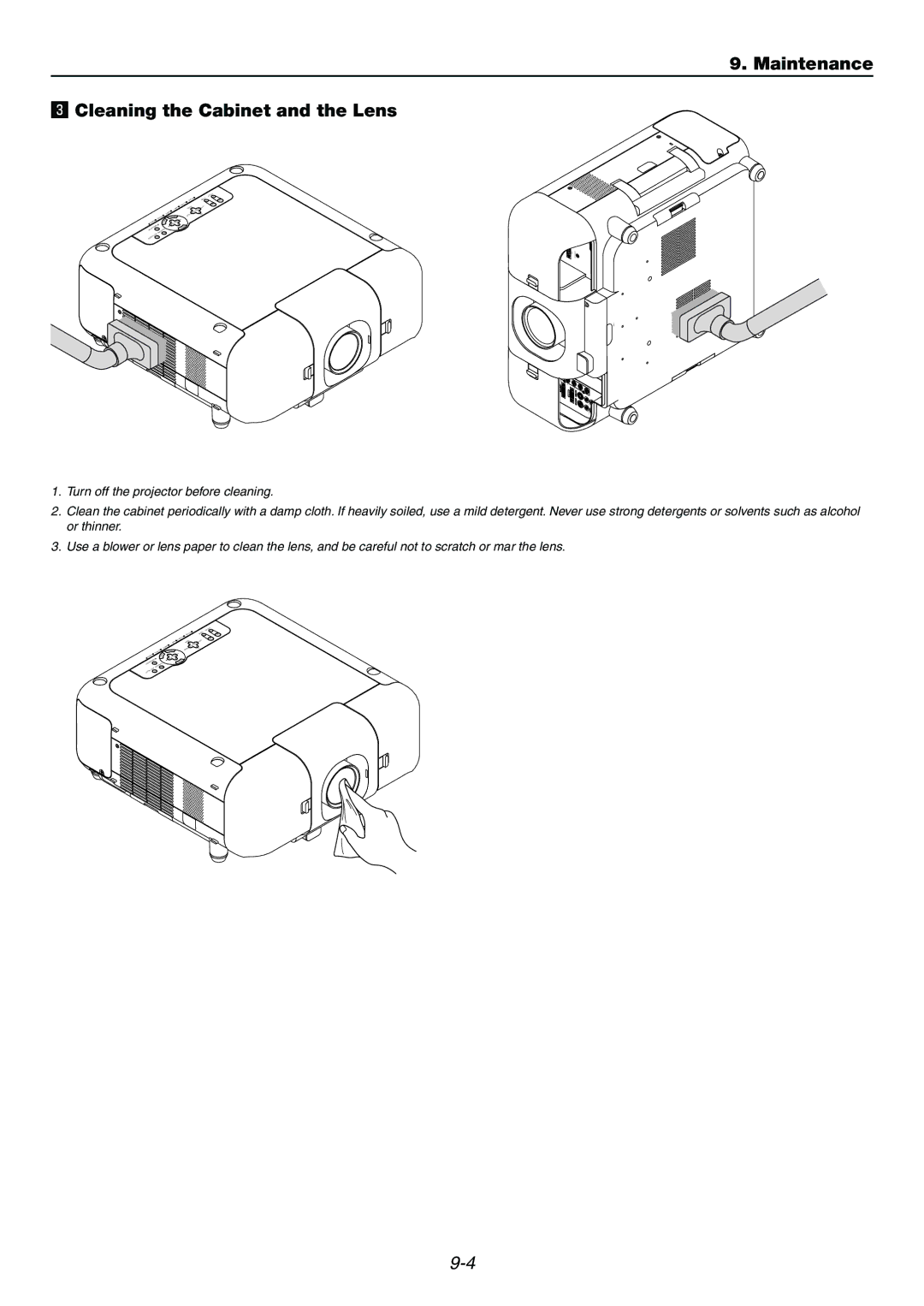 Dukane 9060 user manual Maintenance Cleaning the Cabinet and the Lens 