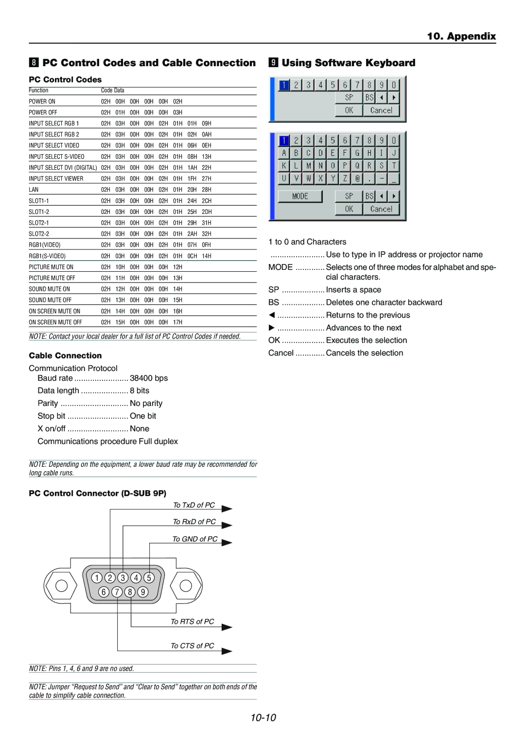 Dukane 9060 Appendix PC Control Codes and Cable Connection, Using Software Keyboard, PC Control Connector D-SUB 9P 